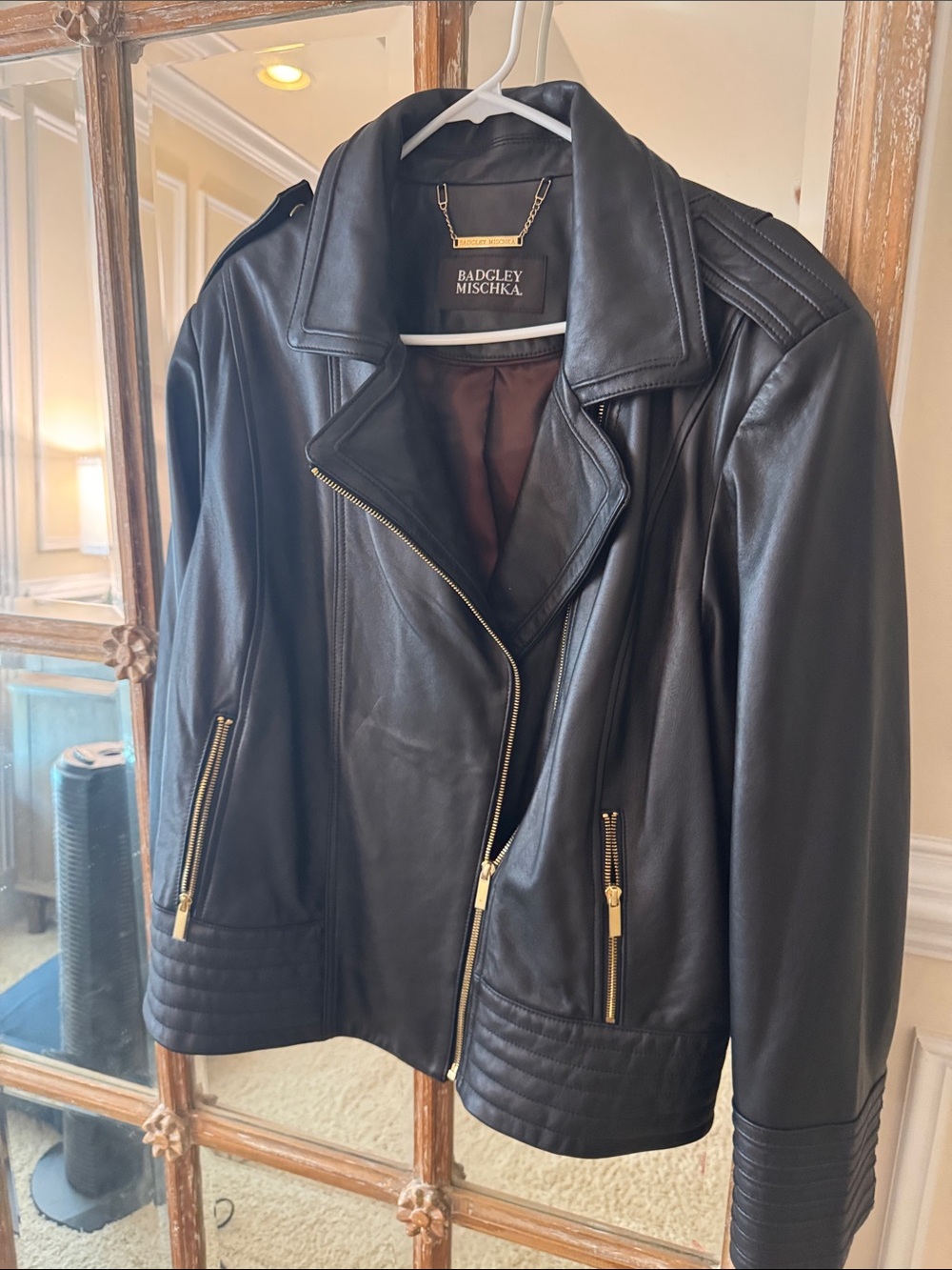 Badgley Mischka Black Leather Asymmetrical Zip Jacket with Gold Hardware NWOT